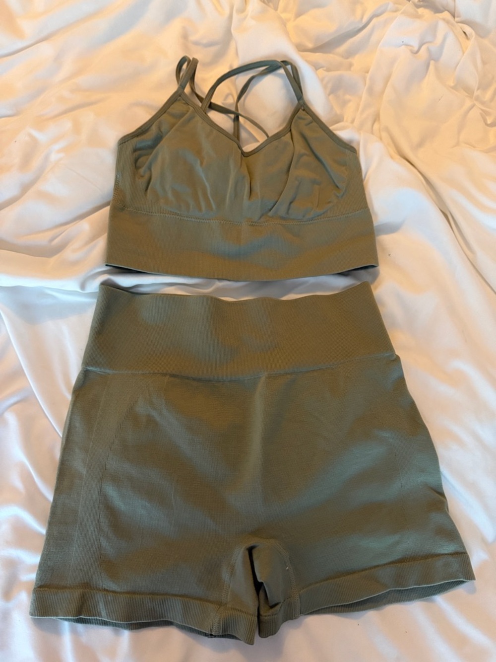 Workout set. Olive Green Strappy Sports Bra and High-Waist Shorts Set